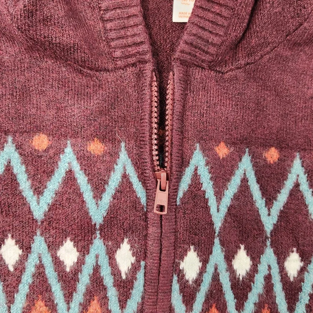 Cat & Jack Sweater Kids M 8/10 Burgundy Full Zip Hooded Fair Isle Geometric Knit
